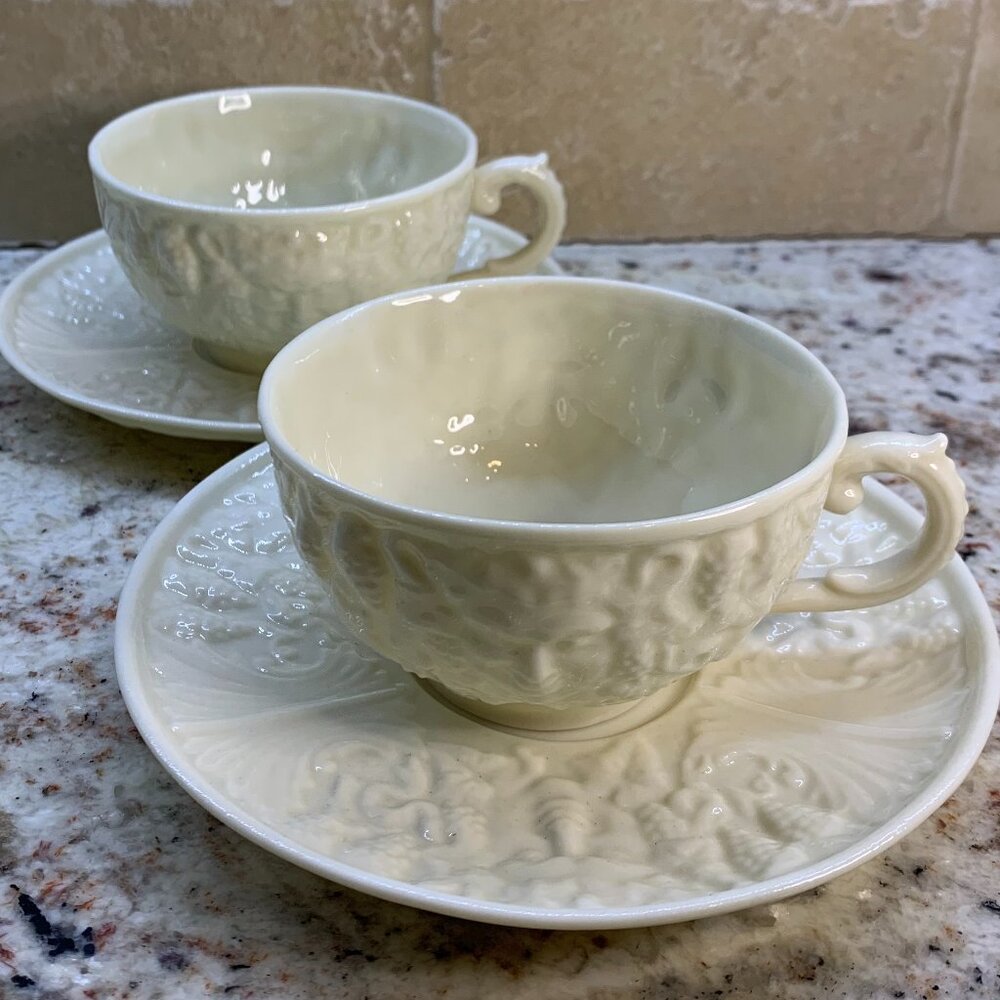 Belleek Bacchus or Mask Pattern Teacups and Saucers - set of 2